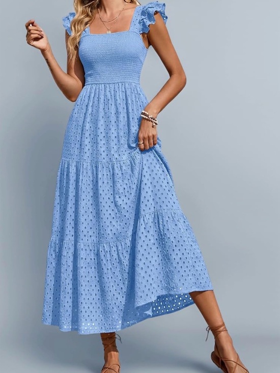 PrettyGarden Dresses & Skirts - PRETTY-GARDEN Square Neck Maxi Dress Cap Sleeve Eyelet Smocked Tiered SM